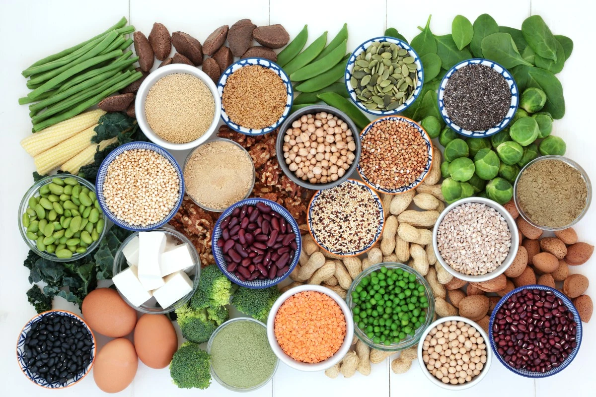 Health food high in protein with bean curd, fresh vegetables, legumes, grains, dairy, supplement powders, seeds and nuts.